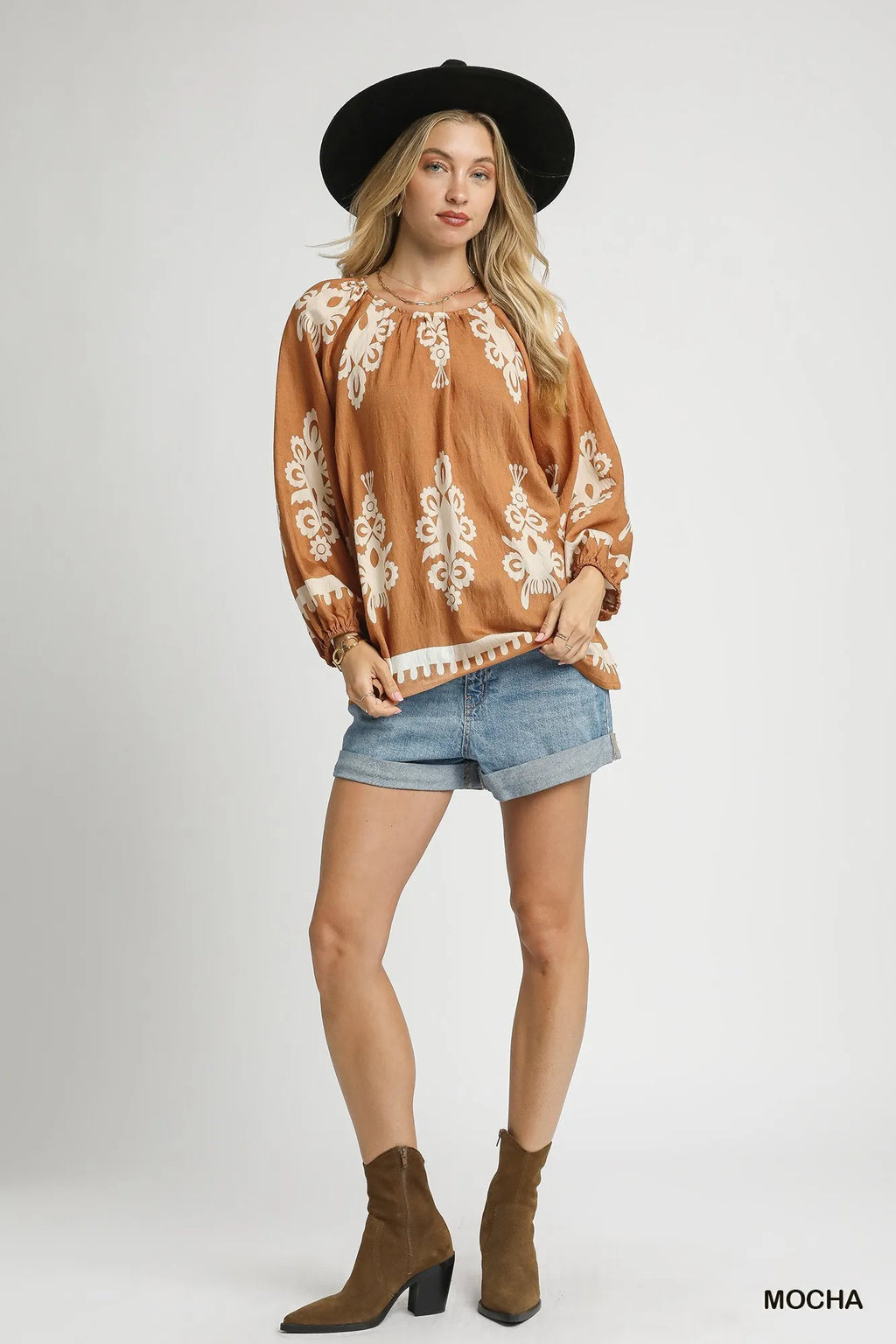 Full Size Two Tone Border Print Top with Balloon Sleeves Plus Size