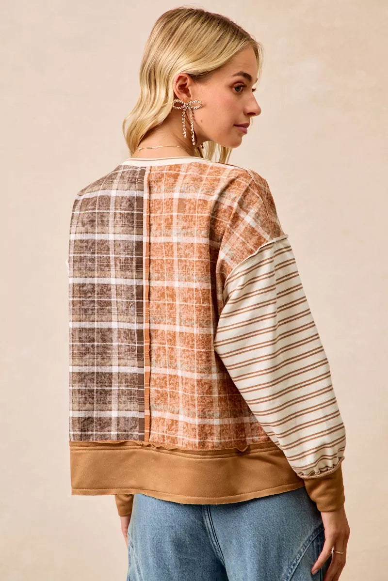 Plaid And Stripe Mix And Match Top With Open Seam