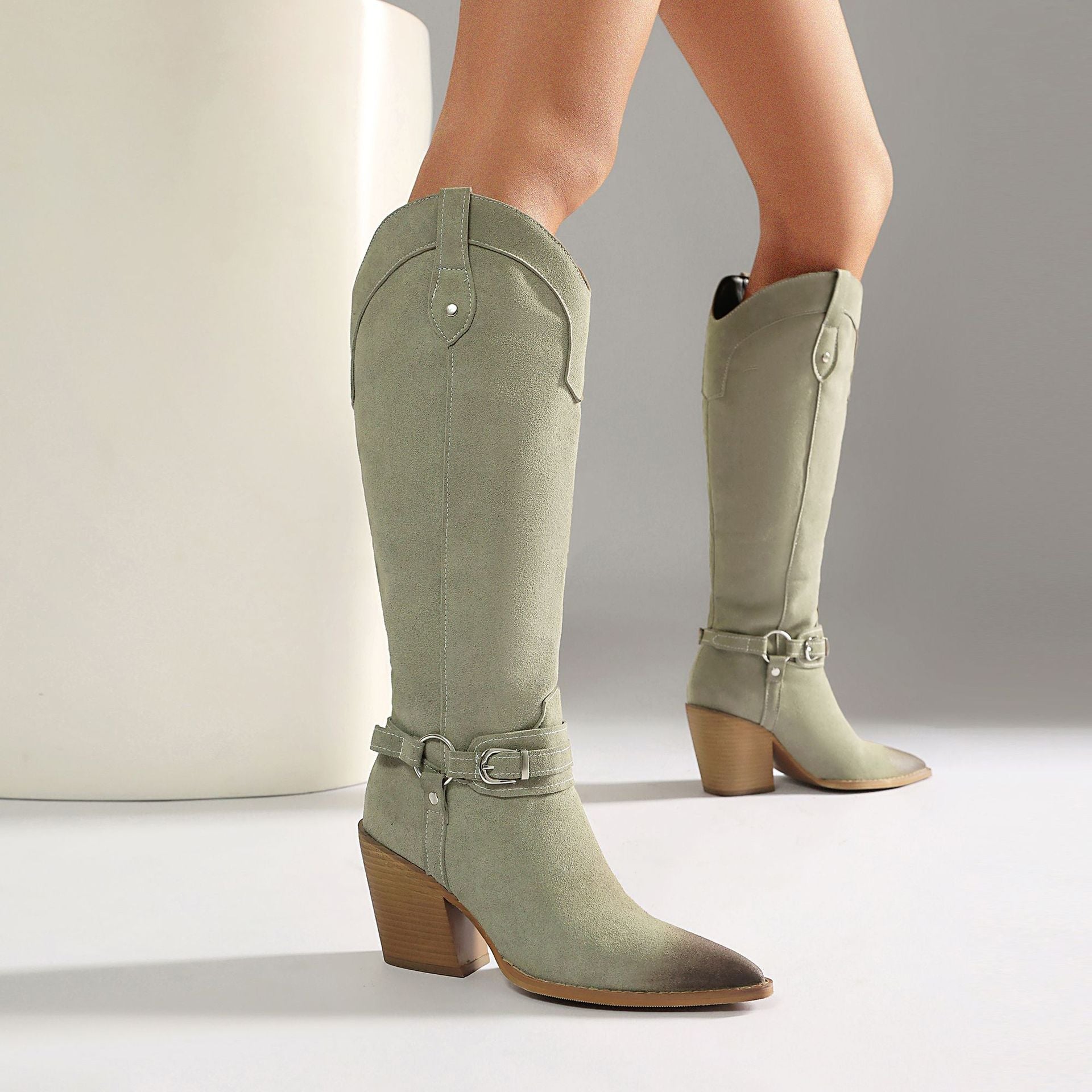 Women's Western Knee-High Boots | Pointed Toe Chunky Heel & Harness Buckle