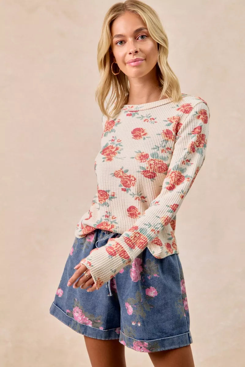 Floral Print Washed Waffle Thermal Top With Thumb