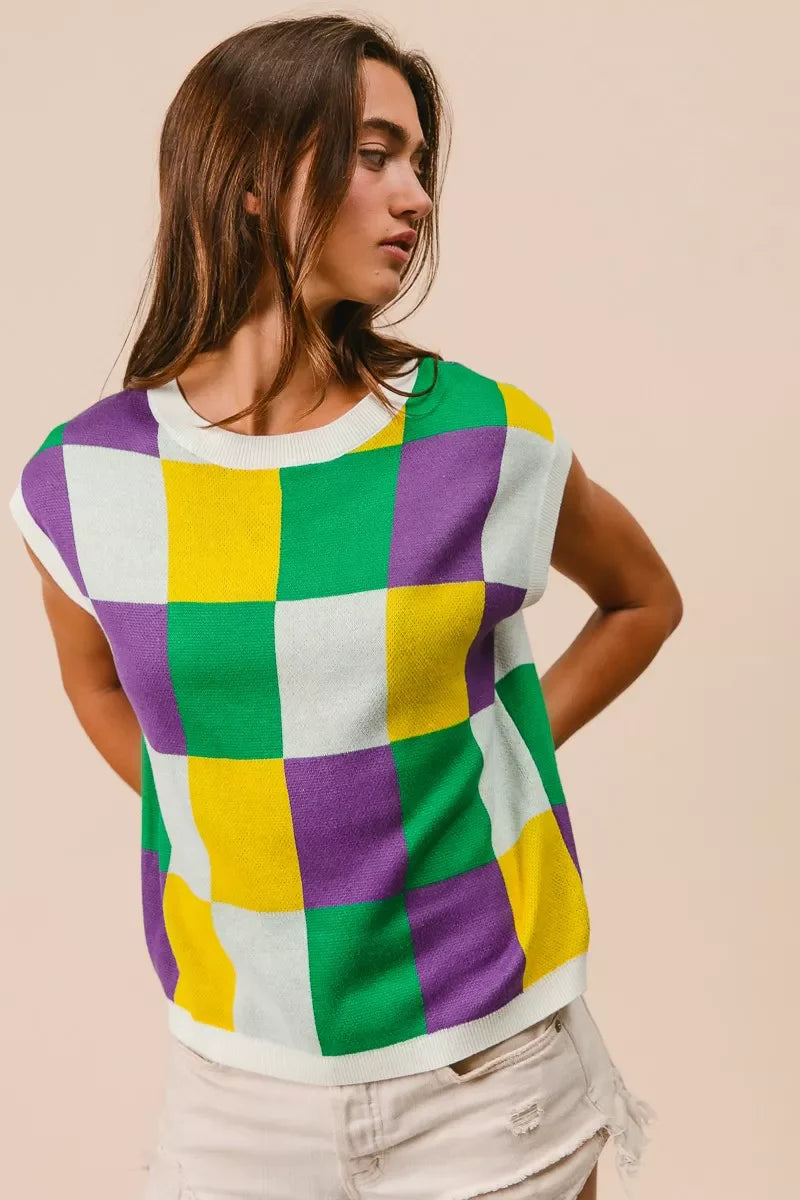 Mardi Gras Checker Pattern Sleeveless Sweater Top