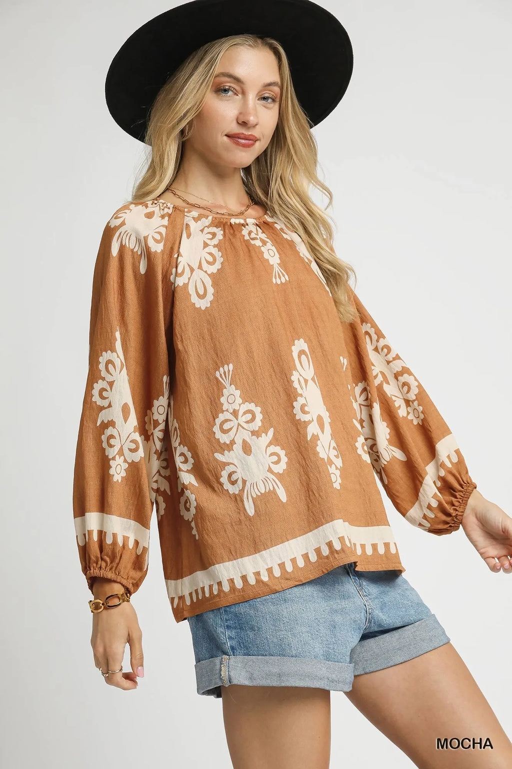 Full Size Two Tone Border Print Top with Balloon Sleeves Plus Size