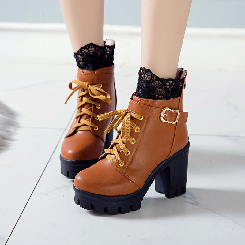 Lace Ankle Boots Lace-up Square Heeled Shoes Women White Black Boots