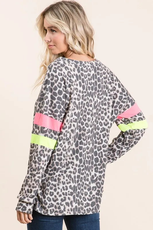 Leopard Thermal Top with Contrast Color Block