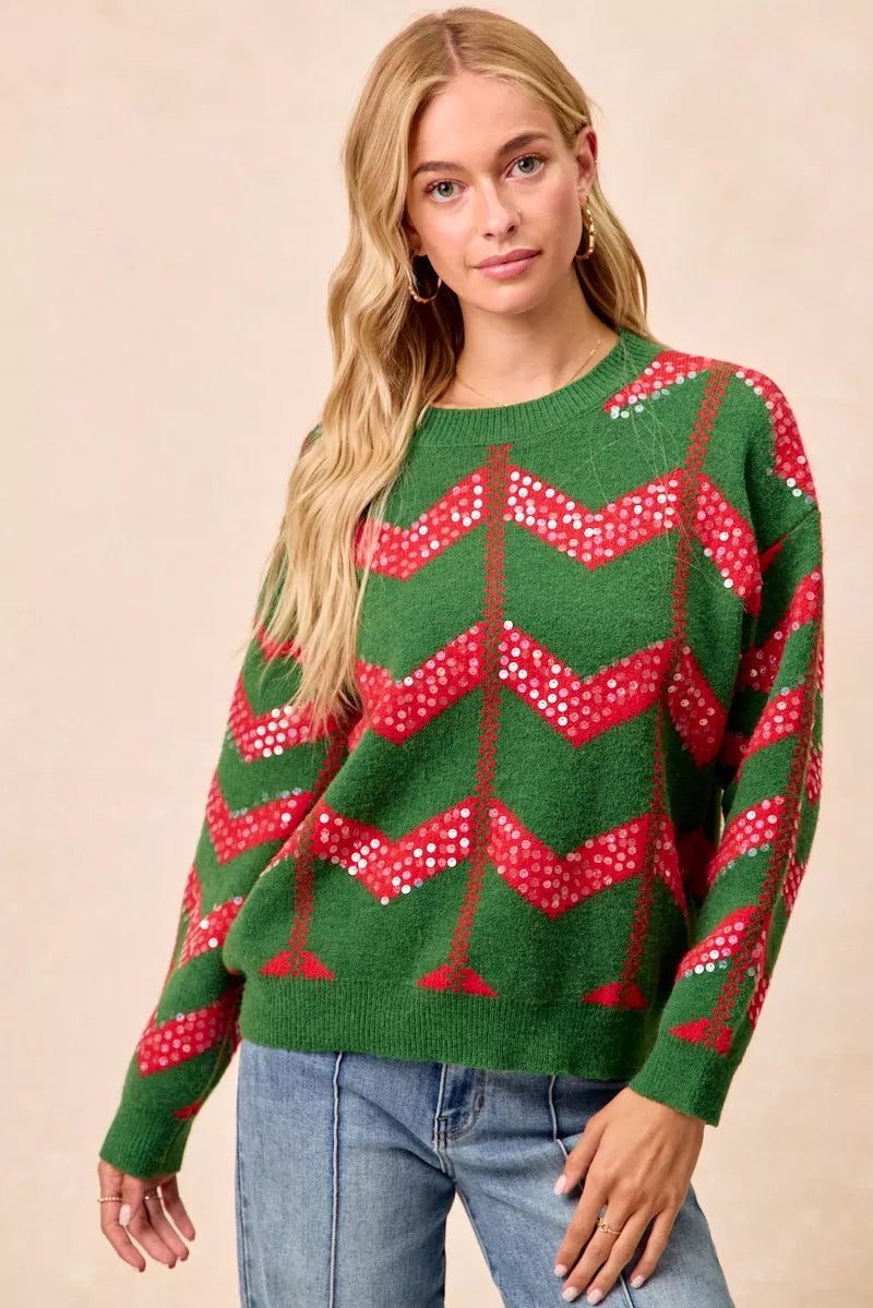 Christmas Theme Chevron Sequins Detail Sweater