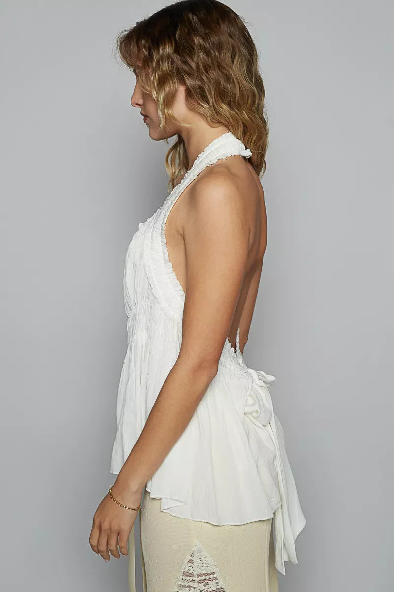 Backless Halter Sleeveless Top with Smocking Shirring Detail