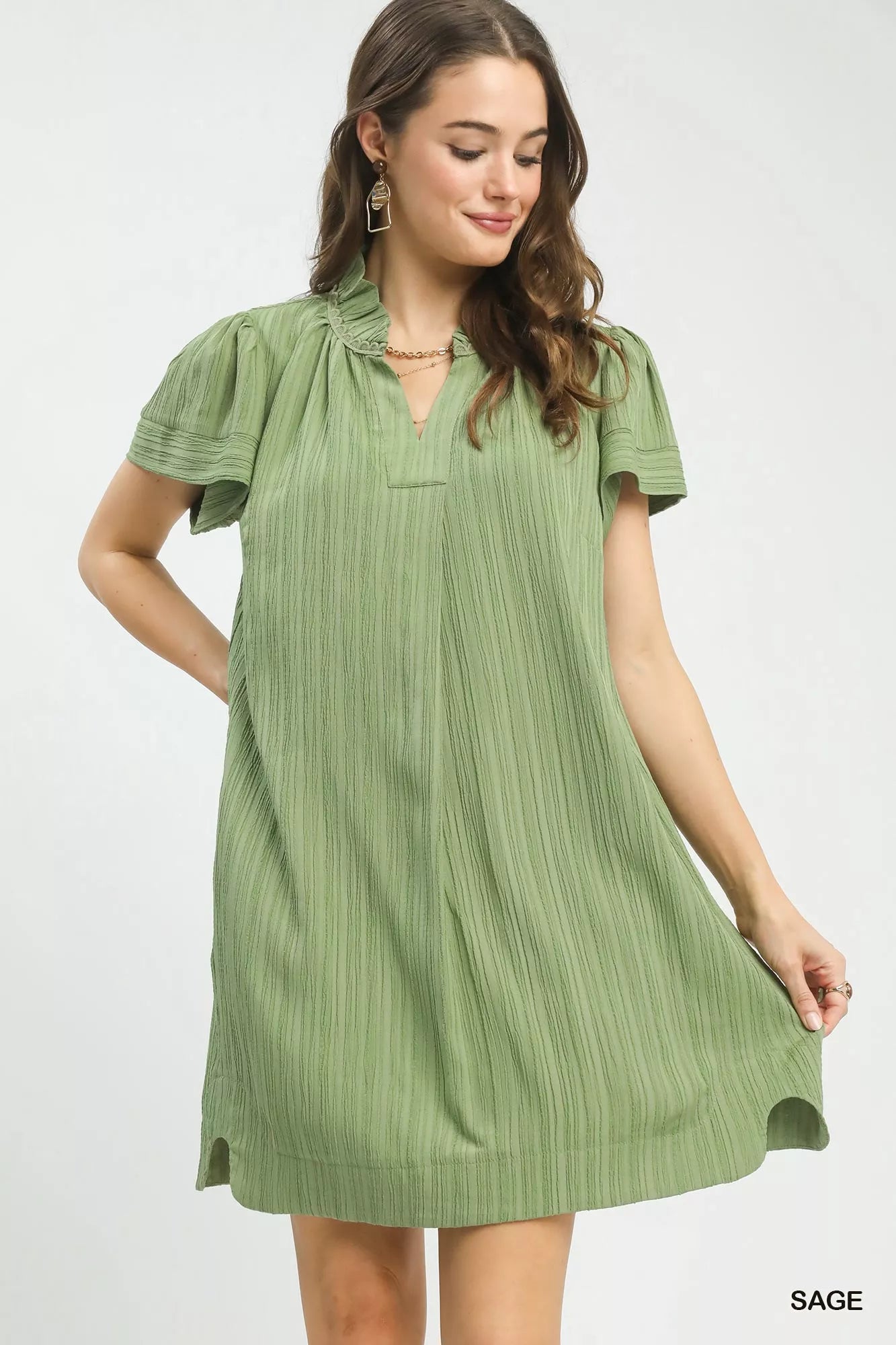 Flutter Sleeve V-Neck Shift Dress