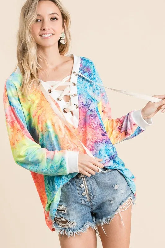 Tie Dye Deep V-neck Top With Lace Up Front
