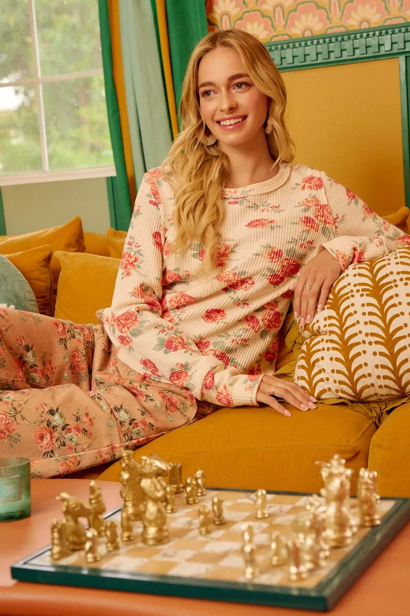 Floral Print Washed Waffle Thermal Top With Thumb