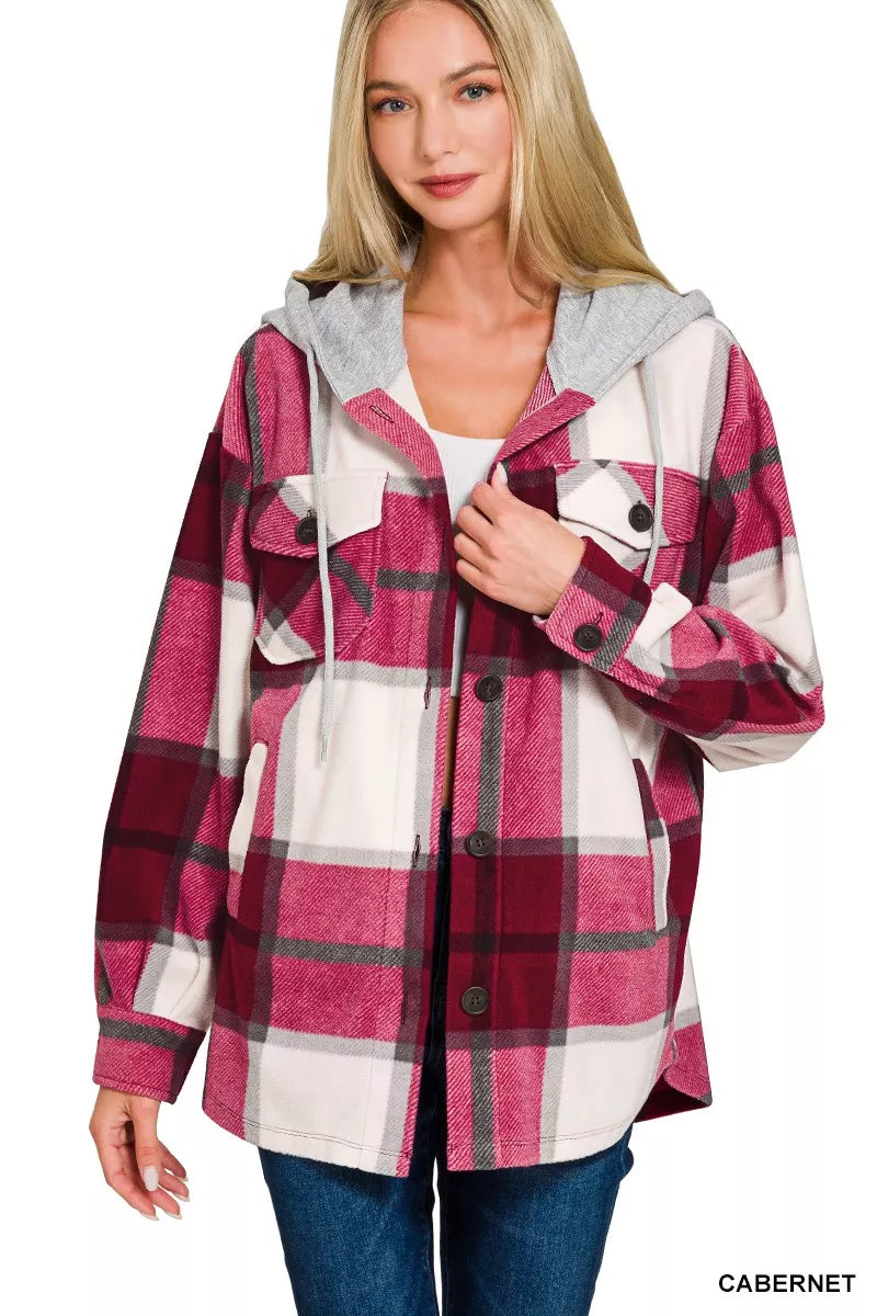 Plaid Drawstring Hooded Fleece Shacket