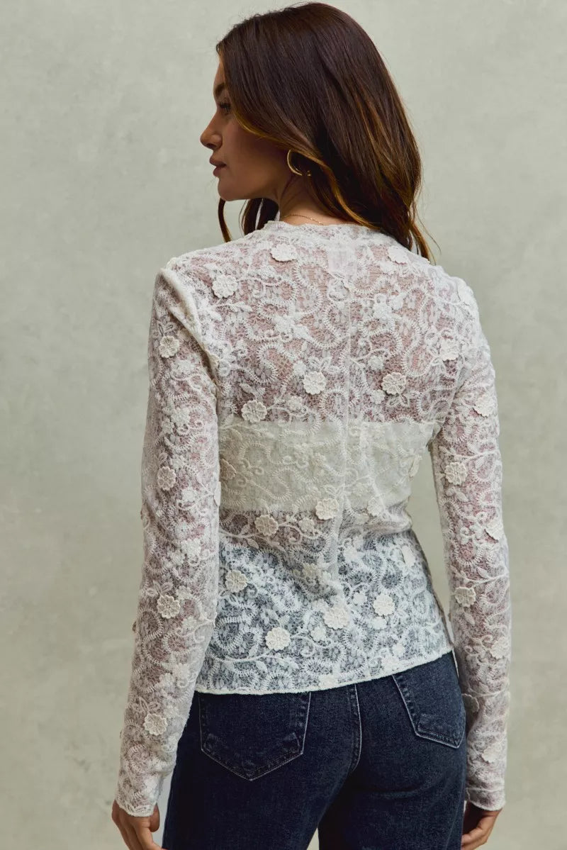 Lace Long Sleeve 3d Effect Floral Layering Top