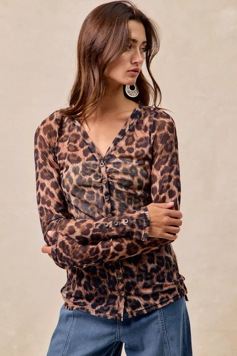 Leopard Printed Mesh Shirt With Button Up V Neck