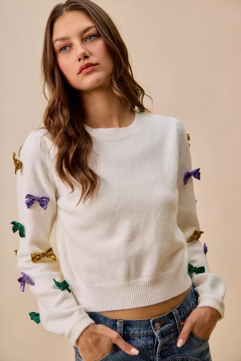Mardi Gras Glitter Bow Ribbon Sweater Knit Top