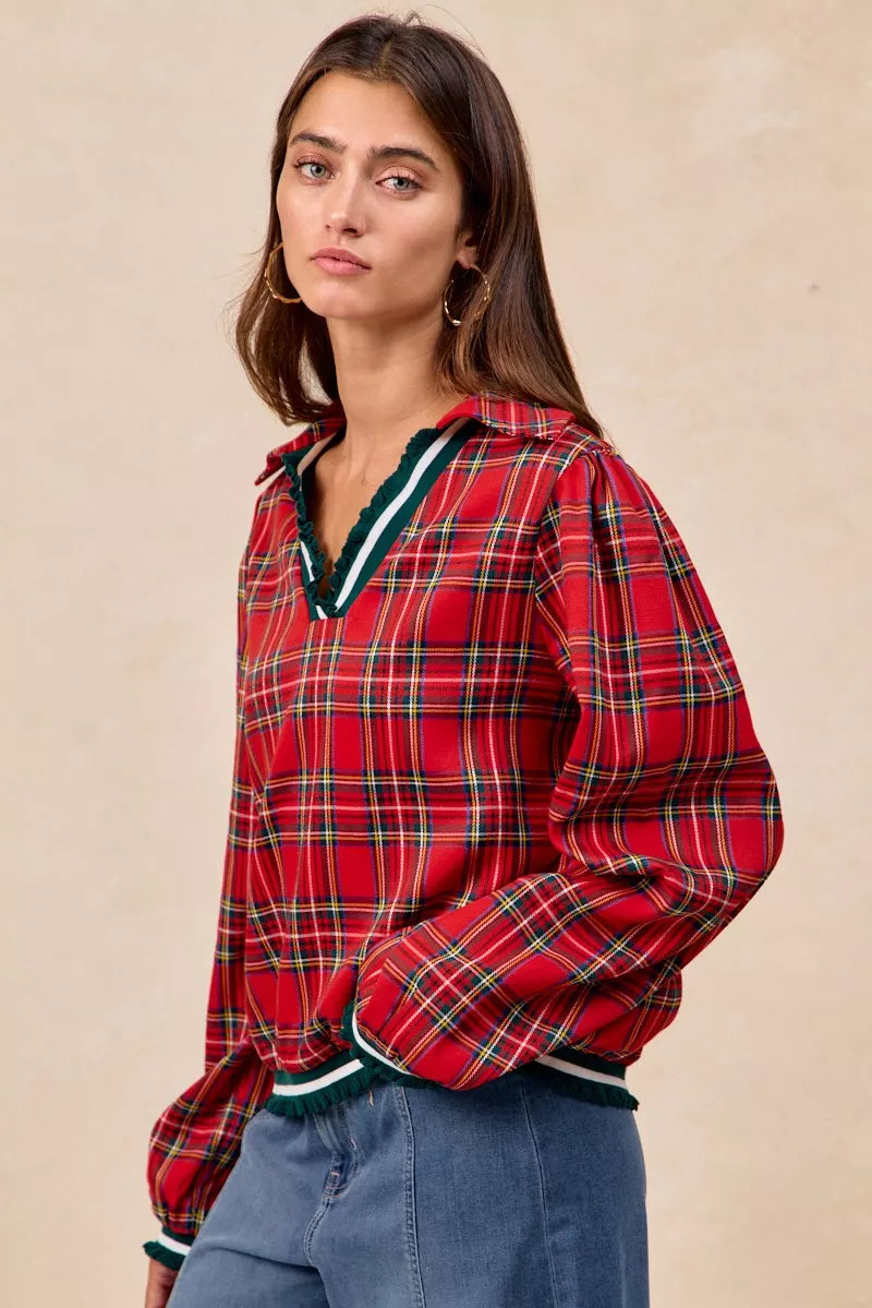 Christmas Plaid Collared Top with Ruffled Detail
