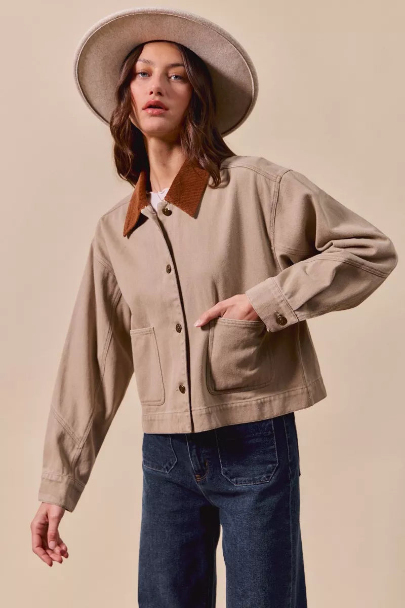 Cotton Twill Cropped Barn Jacket wtih Collar