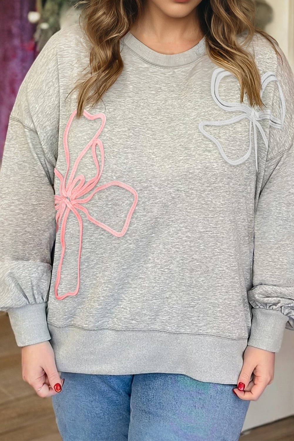 Light Grey Plus Size Thread Embroidered Drop Shoulder Round Neck Sweatshirt