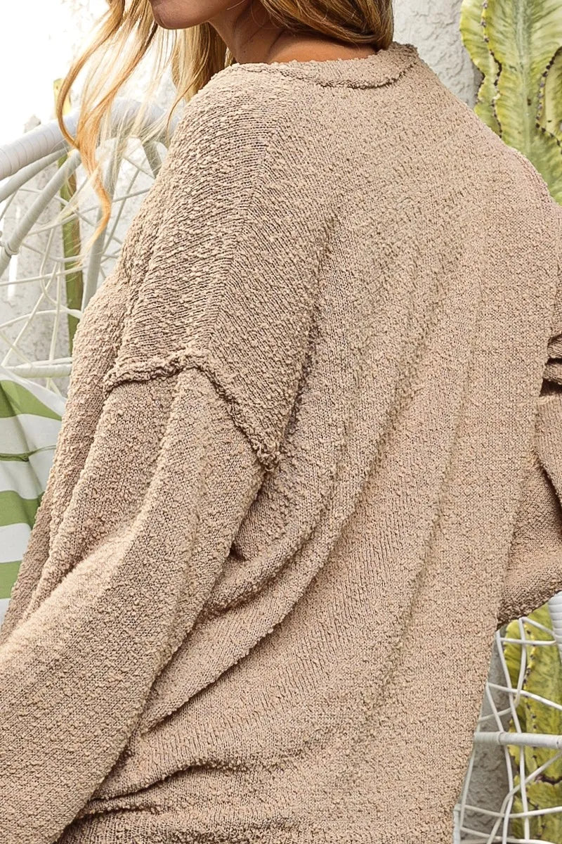 Raw Edged Popcorn Texture V-neck Sweater