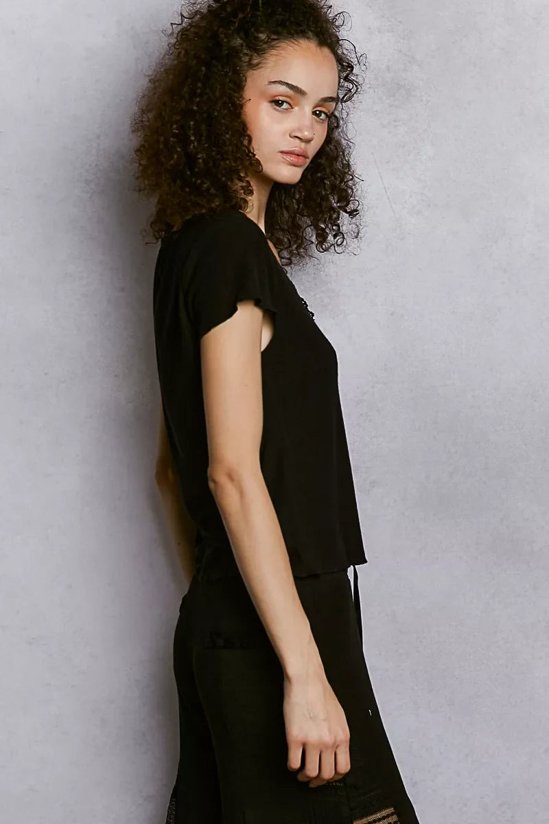 Round Neck Short Sleeve Crop T-Shirt with Lace Trim