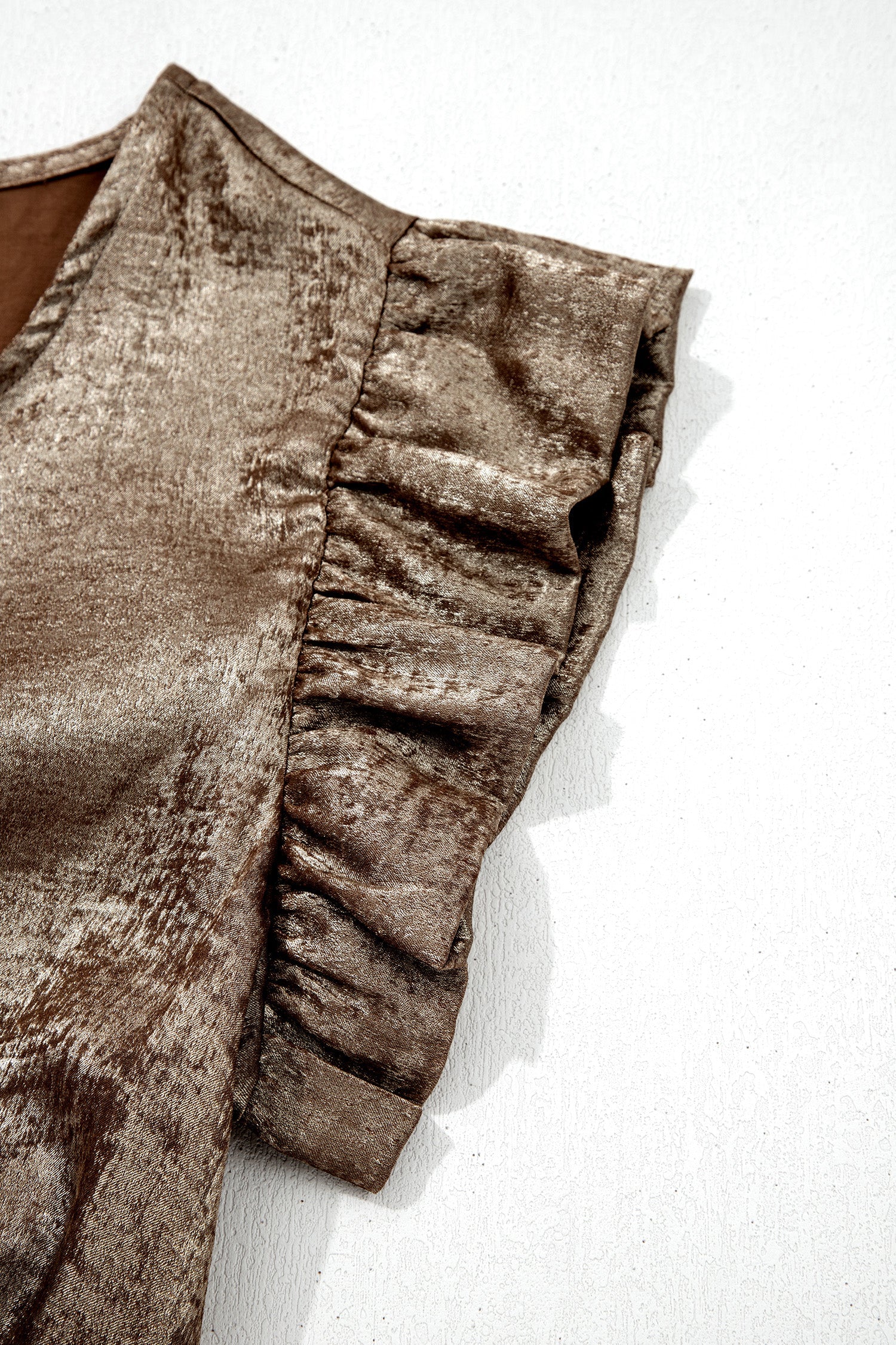 Gold Metallic Round Neck Ruffle Trim Sleeveless Top