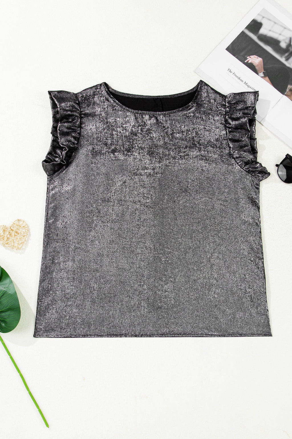 Silvery Metallic Round Neck Ruffle Trim Sleeveless Top