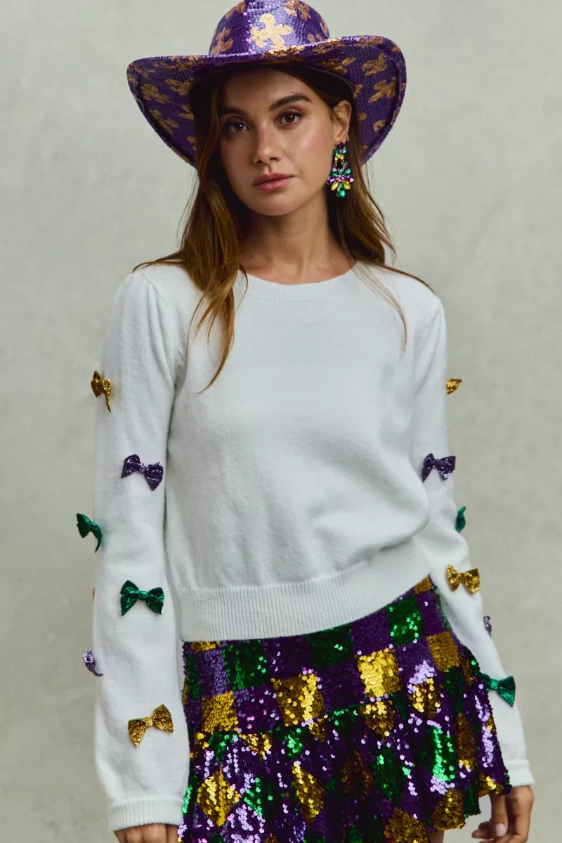 Mardi Gras Glitter Bow Ribbon Sweater Knit Top
