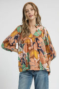 Multicolor Abstract Floral Print Blouse with Ruffle Neck