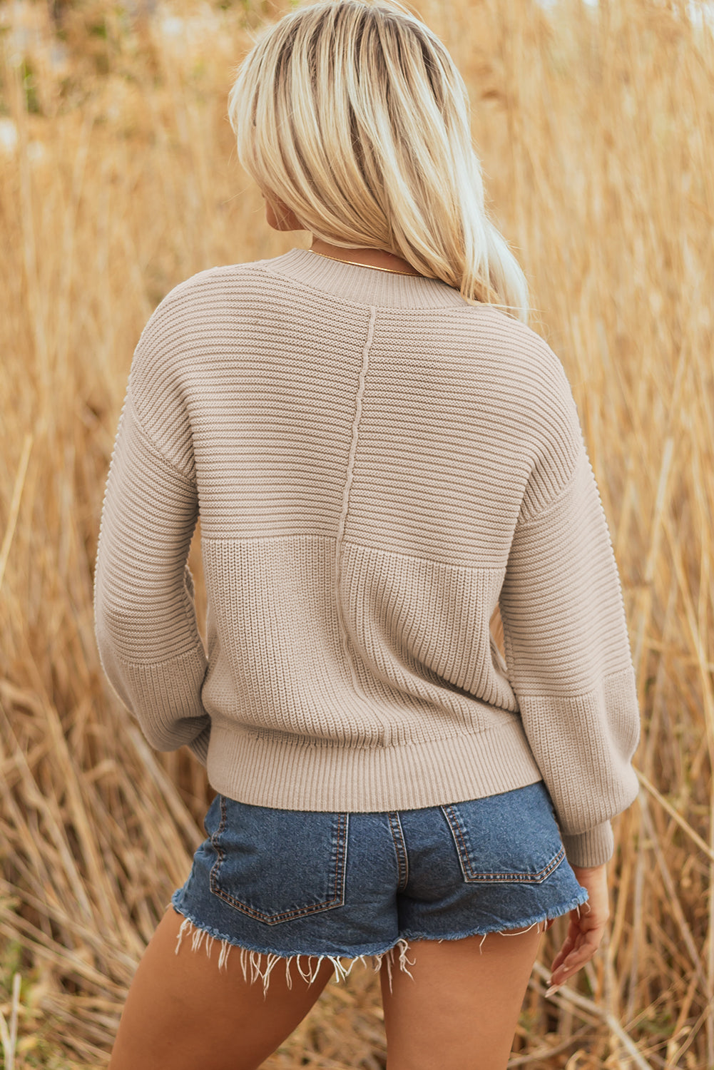 Parchment Mixed Texture Patchwork Knitted Puff Sleeve Sweater