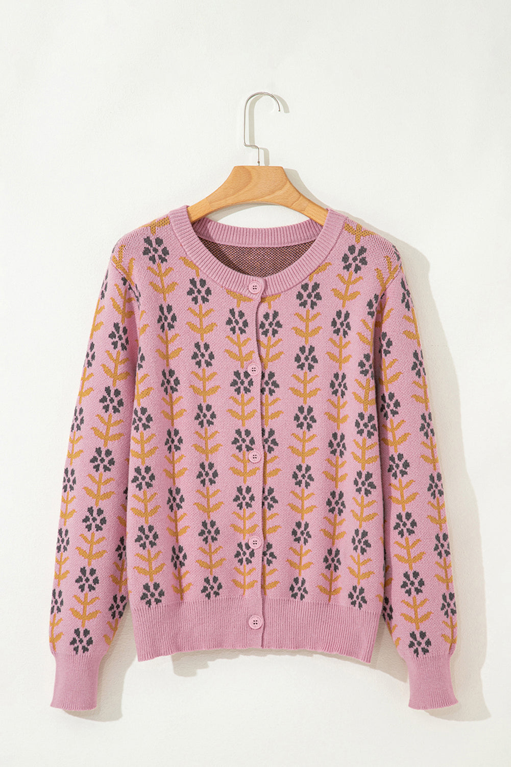 Pink Floral Button Down Ribbed Banded Cardigan Sweater