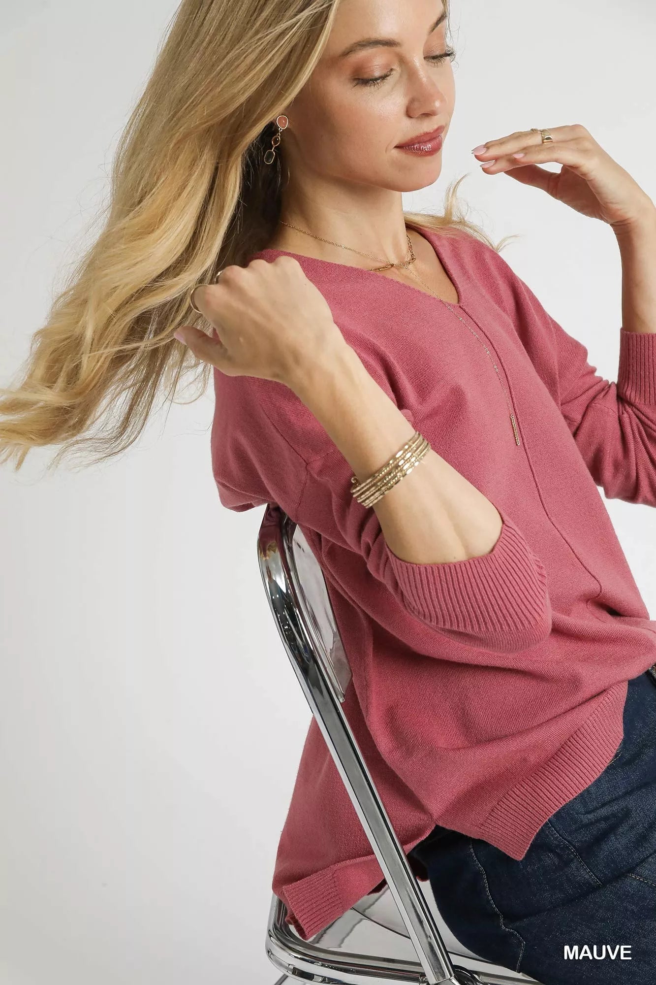 V-Neck High Low Hem Knit Top with Side Slit