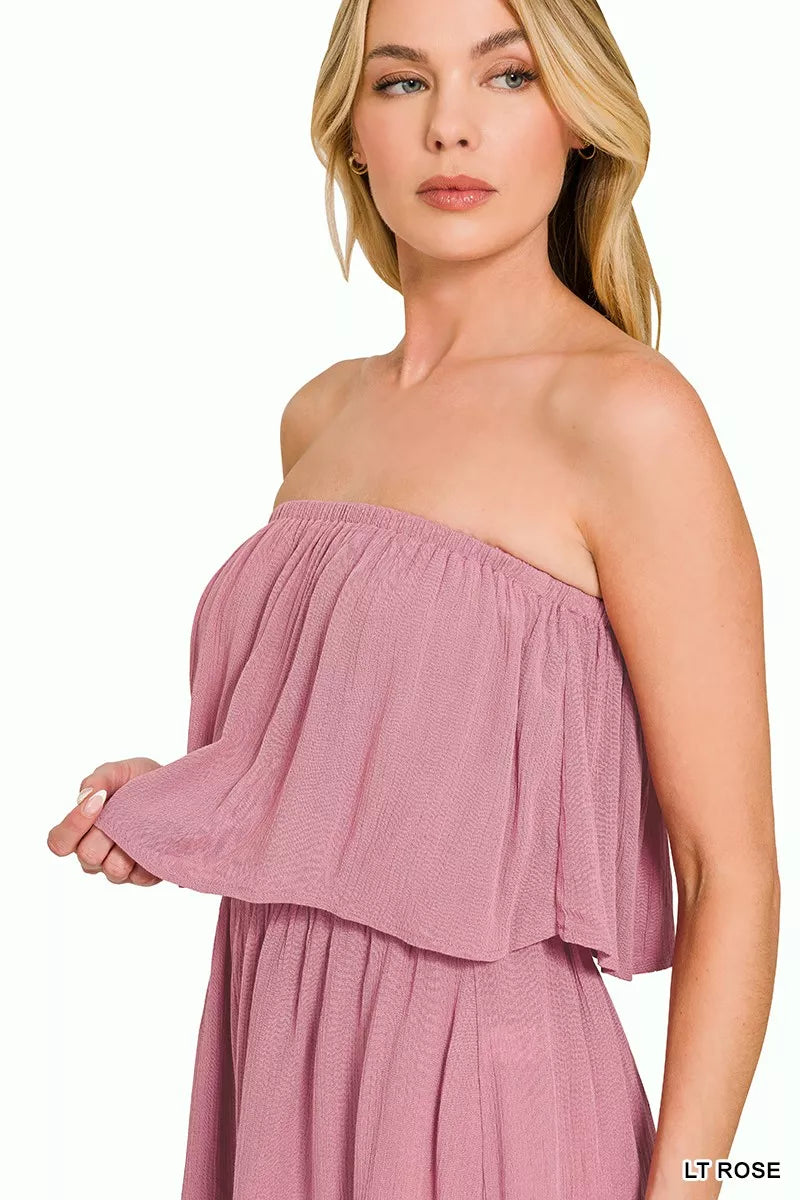 Woven Crinkle Strapless Rompers