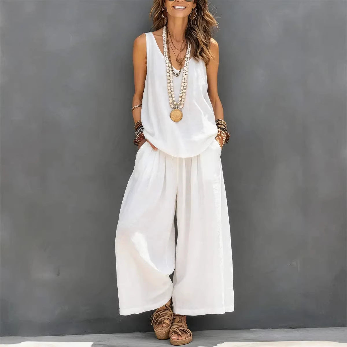 Womens Solid-Colored Casual Sleeveless Tank Top And Wide-Leg Pants Cotton-Linen Set