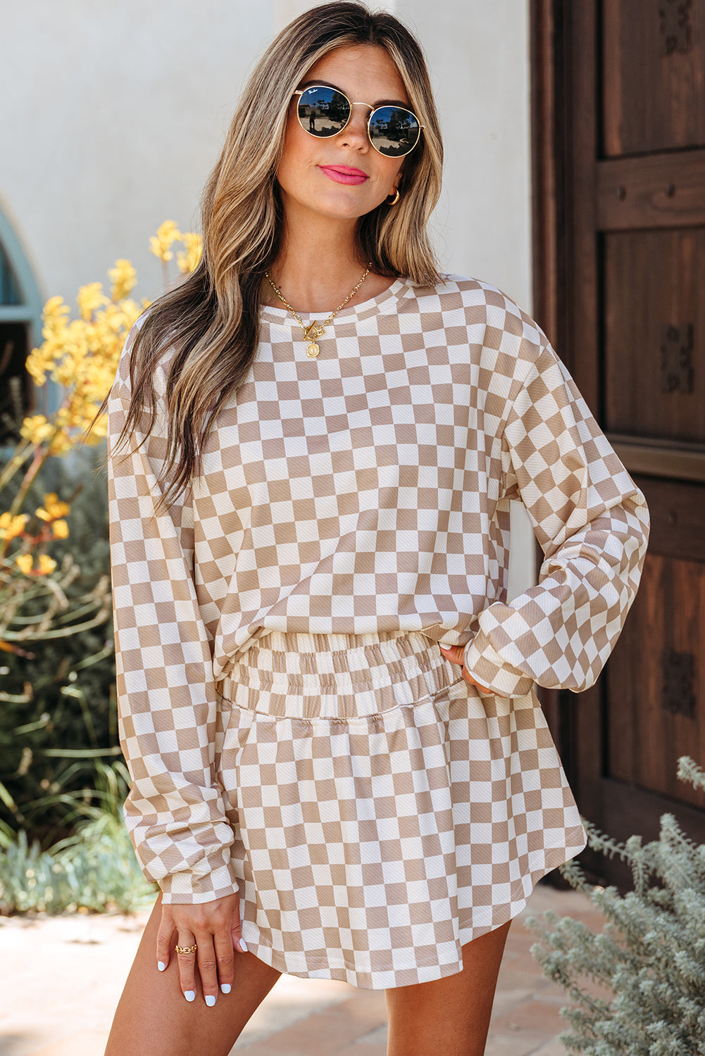 Khaki Checkered Long Sleeve Crop Top High Waist Skort 2pcs Set
