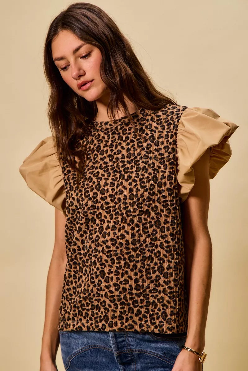 Leopard Pointelle Knit Top with Puff Sleeves