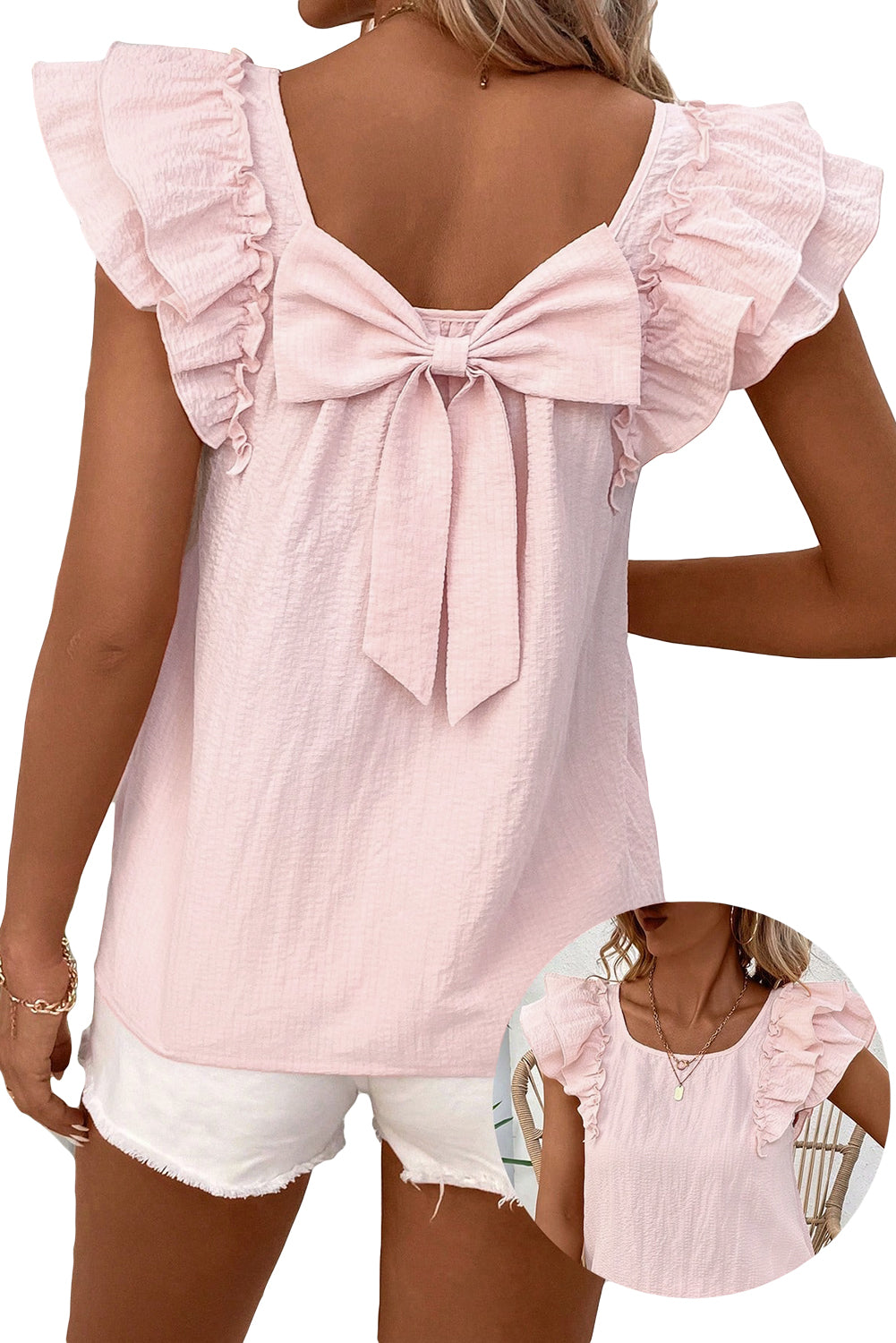 Beige Textured Bow Frilled Ruffle Sleeve Blouse