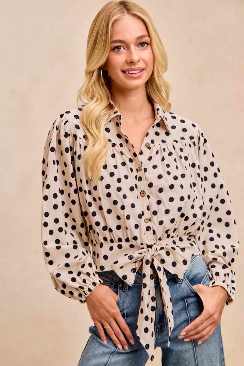Polka Dot Print Tie Hem Detail Crop Shirt