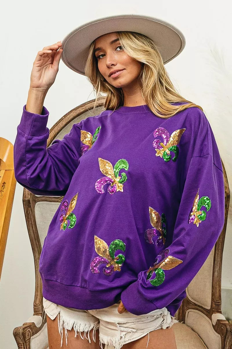 Fleur De Lis Sequin Patches Mardi Gras Sweatshirt