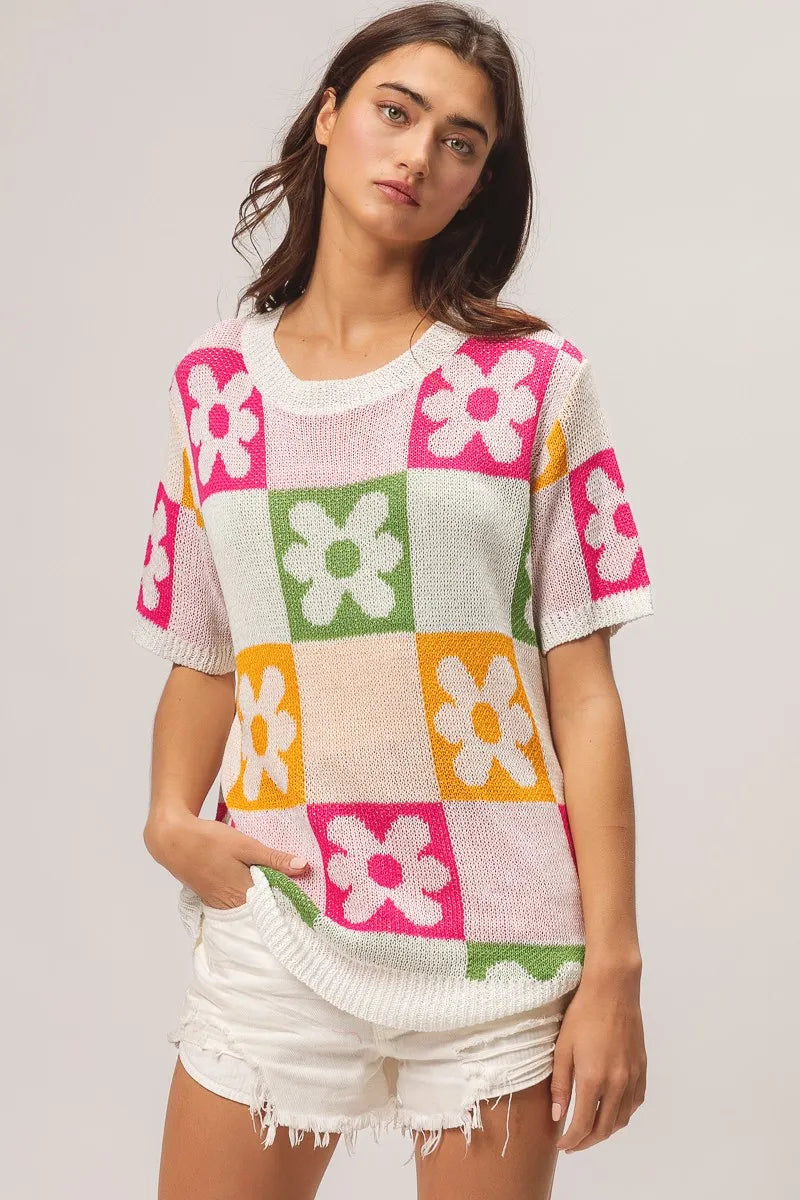 Flower Checker Pattern Lightweight Sweater Top