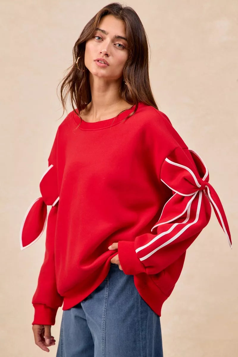 Bow Detail Sleeves Fleece Sweatshirt
