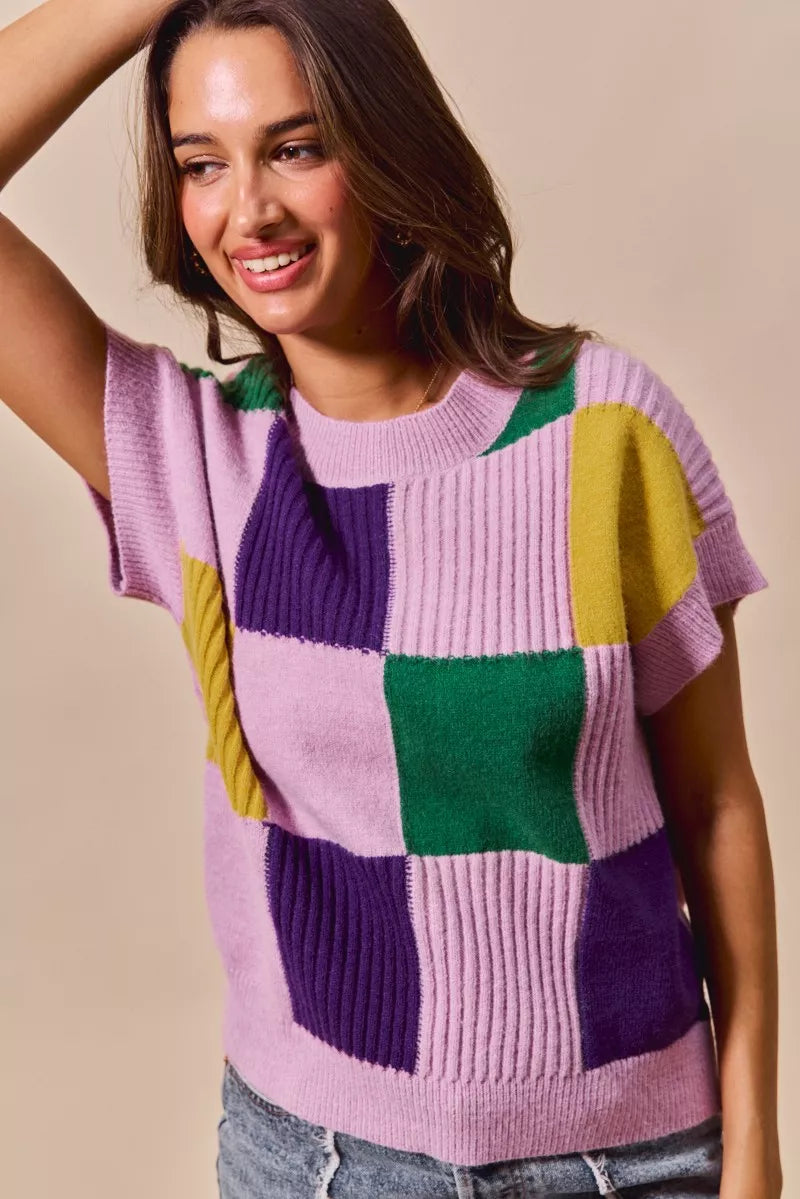 Mardi Gras Check Plaid Casual Sweater Top