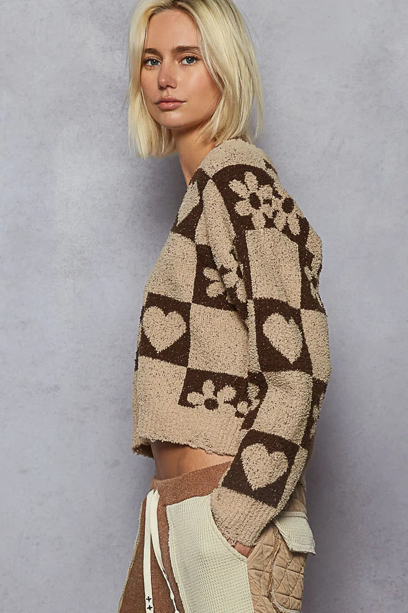 V-Neck Heart Pattern Checkered Sweater