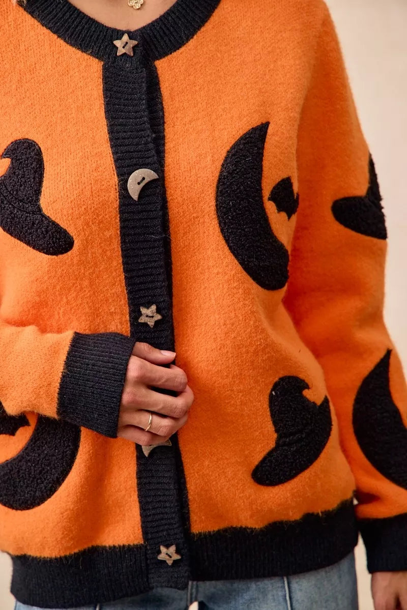 Halloween Witch Hat Moon Bat Artwork Cardigan