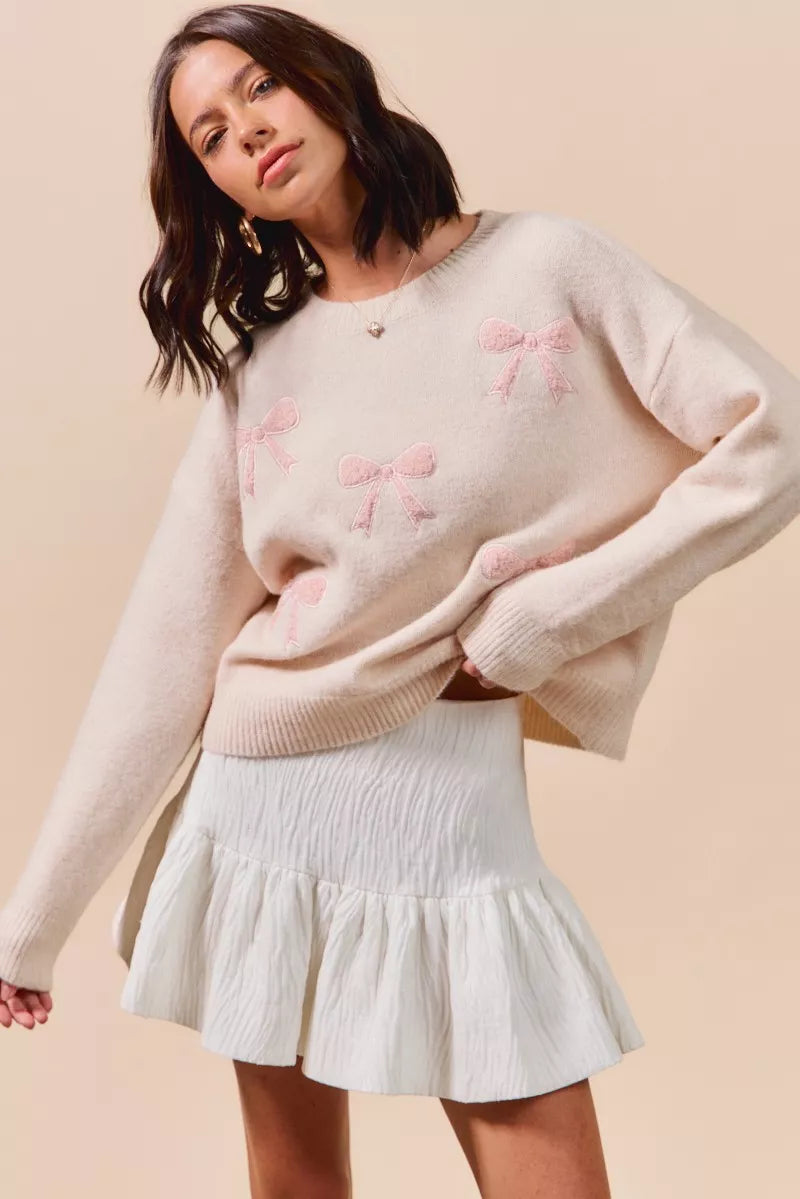 Embroidered Ribbon Round Neck Sweater