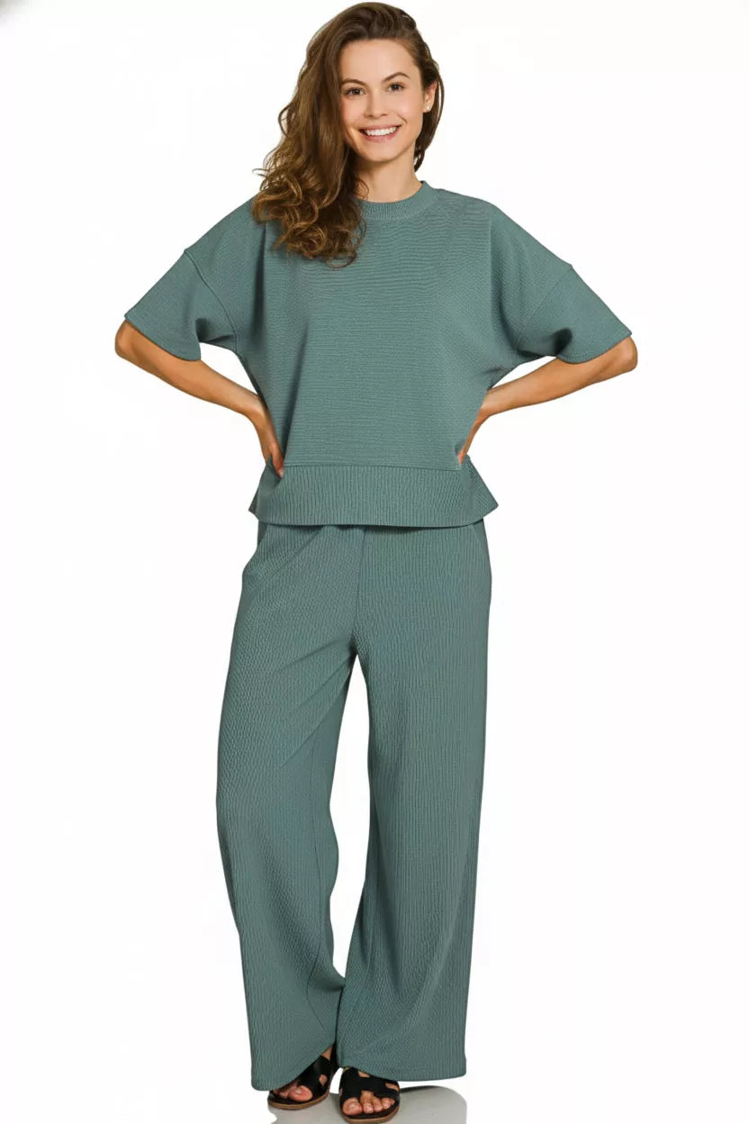 Ribbed Round Neck Tee & Pants Set