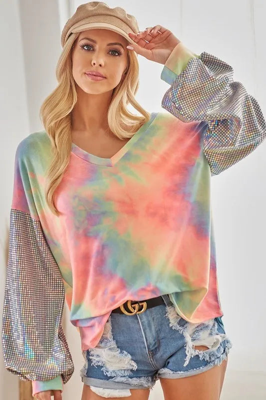 V Neck Tie Dye French Terry Top with Shiny