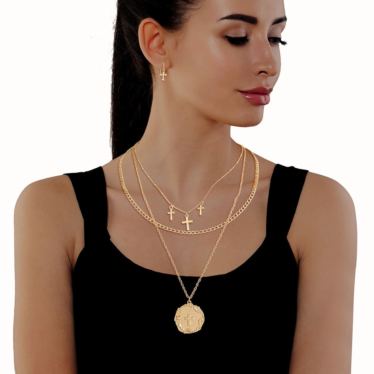 Layered Gold Religious Cross Chain Necklace Stylish Statement Jewelry
