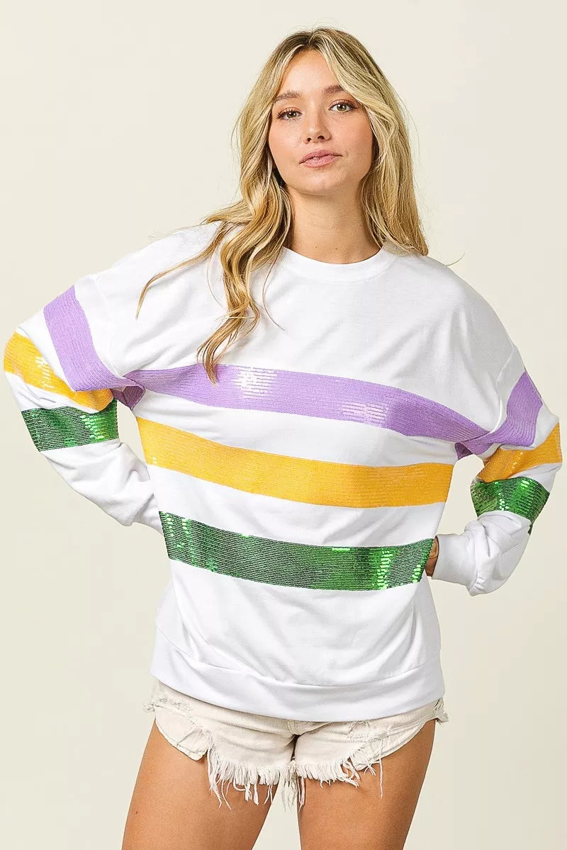 Sequin Mardi Gras Striped Round Neck Sweatshirt