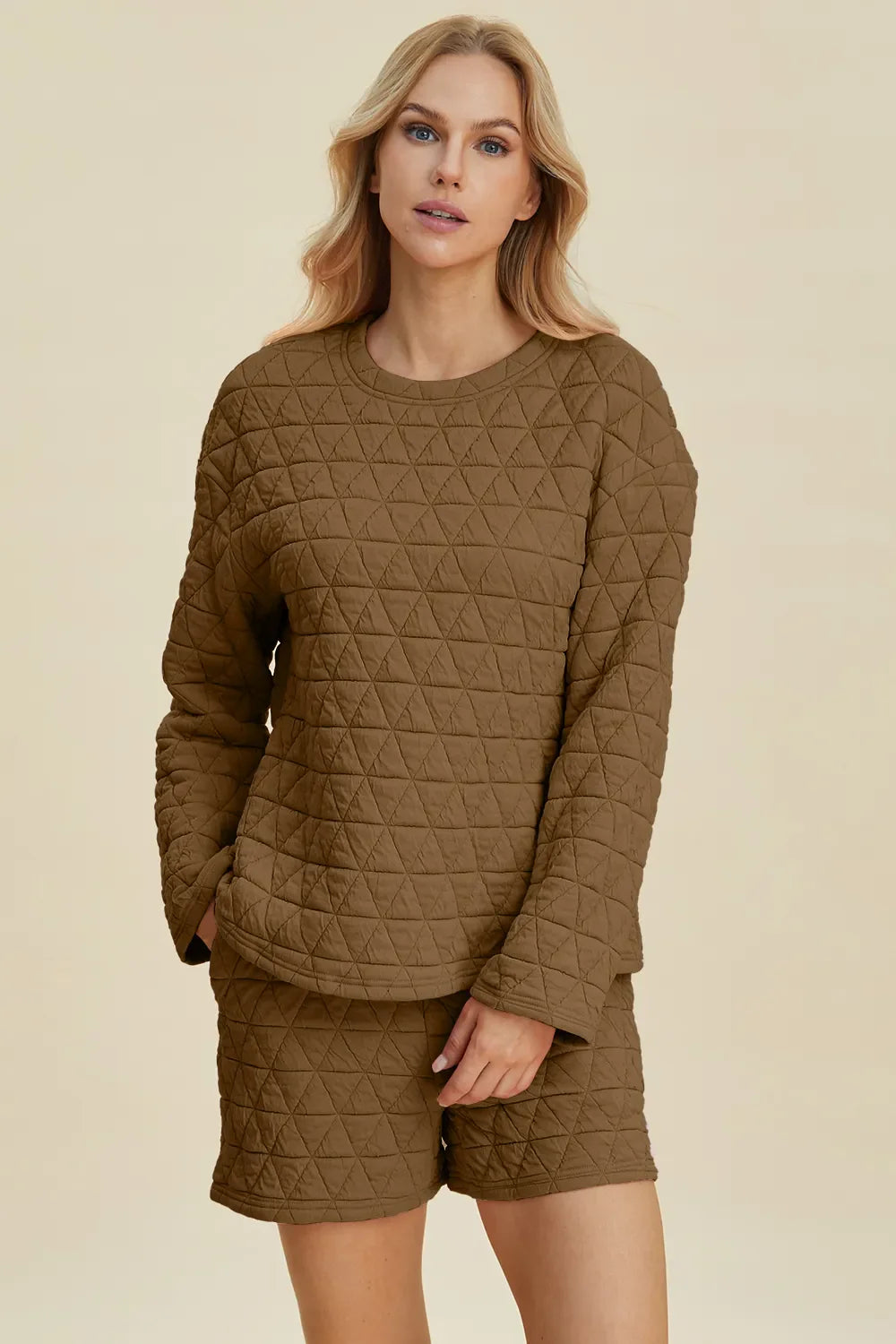 I am a Fashion junky Full Size Texture Round Neck Long Sleeve Top and Shorts Set