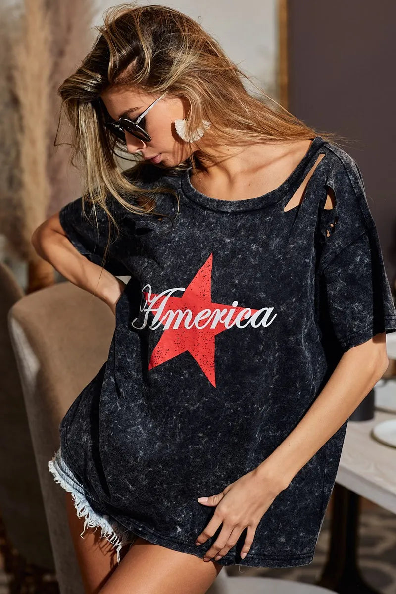 Laser Cut Mineral Washed Jersey Top with America