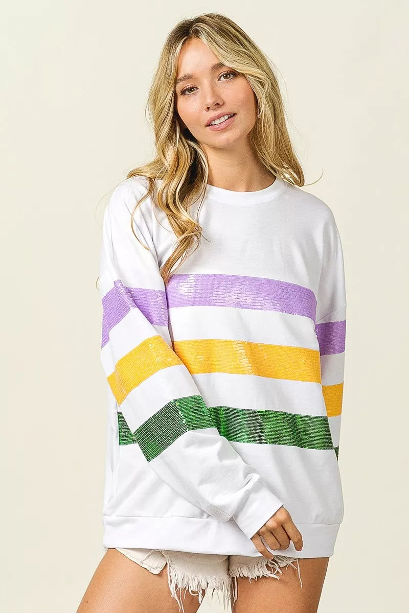 Sequin Mardi Gras Striped Round Neck Sweatshirt