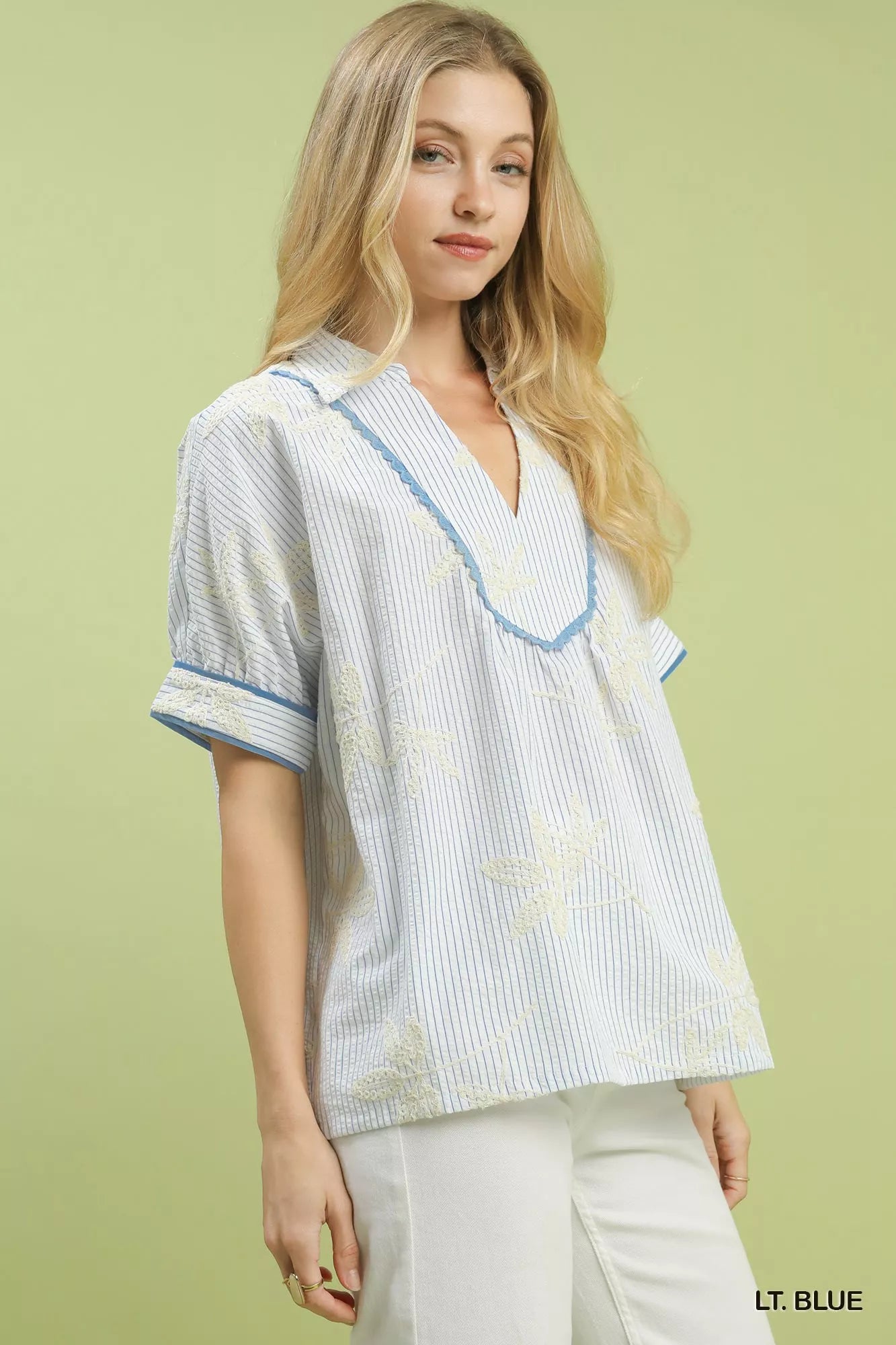 Striped Embroidered Blouse with Scallop Trim